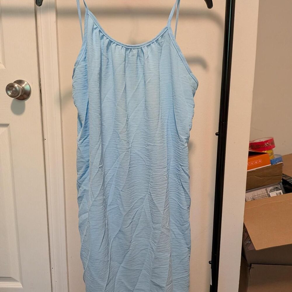 Blue polyester & elastane slip dress with subtle textured pattern